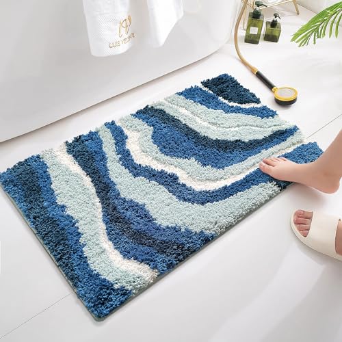 FJMCOZY Bathroom Mat Blue Bath Mat for Bathroom Cute Sea Wave Ocean Rug Soft Fluffy Ultra-Absorbent Non Slip Washable Bathroom Rug for Floor Tub and Shower,24 x16inch, CR-shenlan4060