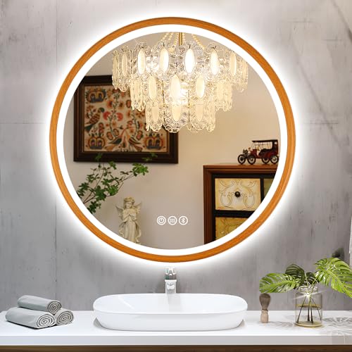 STARLEAD 80cm Runder-Badspiegel-mit-Beleuchtung, Bluetooth, Dimmbar, 3 Farbtemperatur, Entfoggen, Speicherfunktion, HD Hartglas, IP44 Wasserdicht 80L x 80B cm M3051 Madrid Silber (Bluetooth)