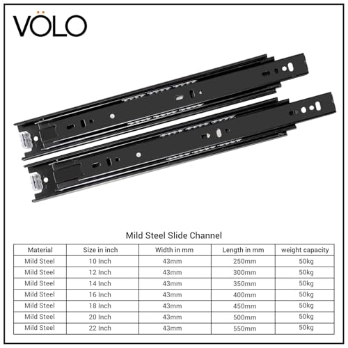 Image of Volo Heavy Duty Drawer Slides, Full Extension Ball Bearing Runners | Pack of 2 Piece | Channels for Kitchen Cabinets, Wardrobes, and Dressers (Black Mild Steel, 12 Inch)