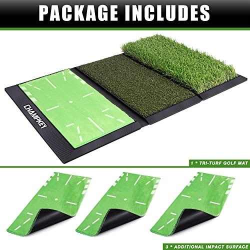 Champkey Tri-Turf Golf Hitting Mat Come With 3 Impact Surfaces - Nylon Turf Fairway Golf Mat - Traces Swing Path And Improve Swing Accuracy-N #TOP5