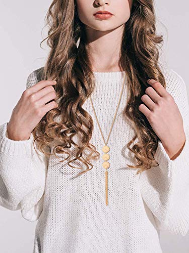 Fecsiory 12 Pcs Long Pendant Necklace for Women, Gold Bar Feather Triangle Leaf Lock Tassel Y Necklace Jewelry Set2