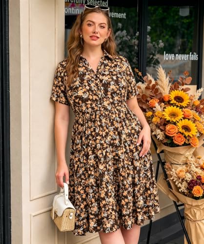 Image of CARCOS Plus Size Dresses for Curvy Women Collared Vneck Short Sleeve Dresses Midi Summer Ruffle Dress with Pocket XL-5XL