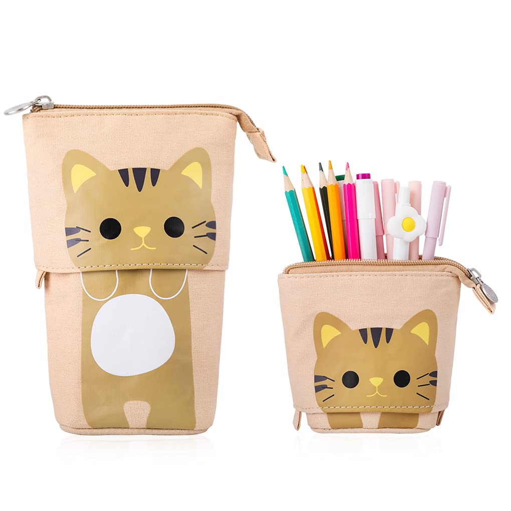 Oyachic Telescopic Pencil Case Pencil Holder Canvas Roll-Up Pencil Wrap Cat Pattern Cosmetic Storage Bag Pencil Case with Zip for School Office Art (Khaki)
