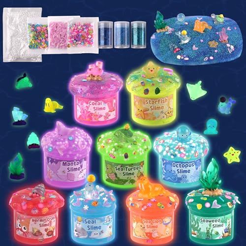 Ozean Leuchtender Slime Kit 9er Pack, mit Tiefsee-Schleim-Anhängern, DIY Regenbogen-Schleim-Set für Kinder, Leucht-Party-Geschenke für Jungen & Mädchen, Halloween Weihnachten Geschenk