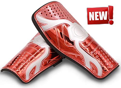 Huidali - Espinilleras de fútbol para adultos, jóvenes, niños, ligero equipo protector de fútbol espinilleras para niños, niños, niñas mayores de 12 años (8.5 x 9.4 cm) (rojo)