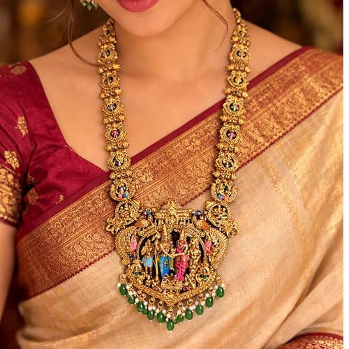 Image of Premium Sita Ramam Temple Jewellery Long Haram Set for Women | Antique Gold Plated Bridal Necklace with Rama Sita Lakshmi Motifs & Pearl Danglers | Traditional South Indian Wedding Jewellery with Matching Earrings
