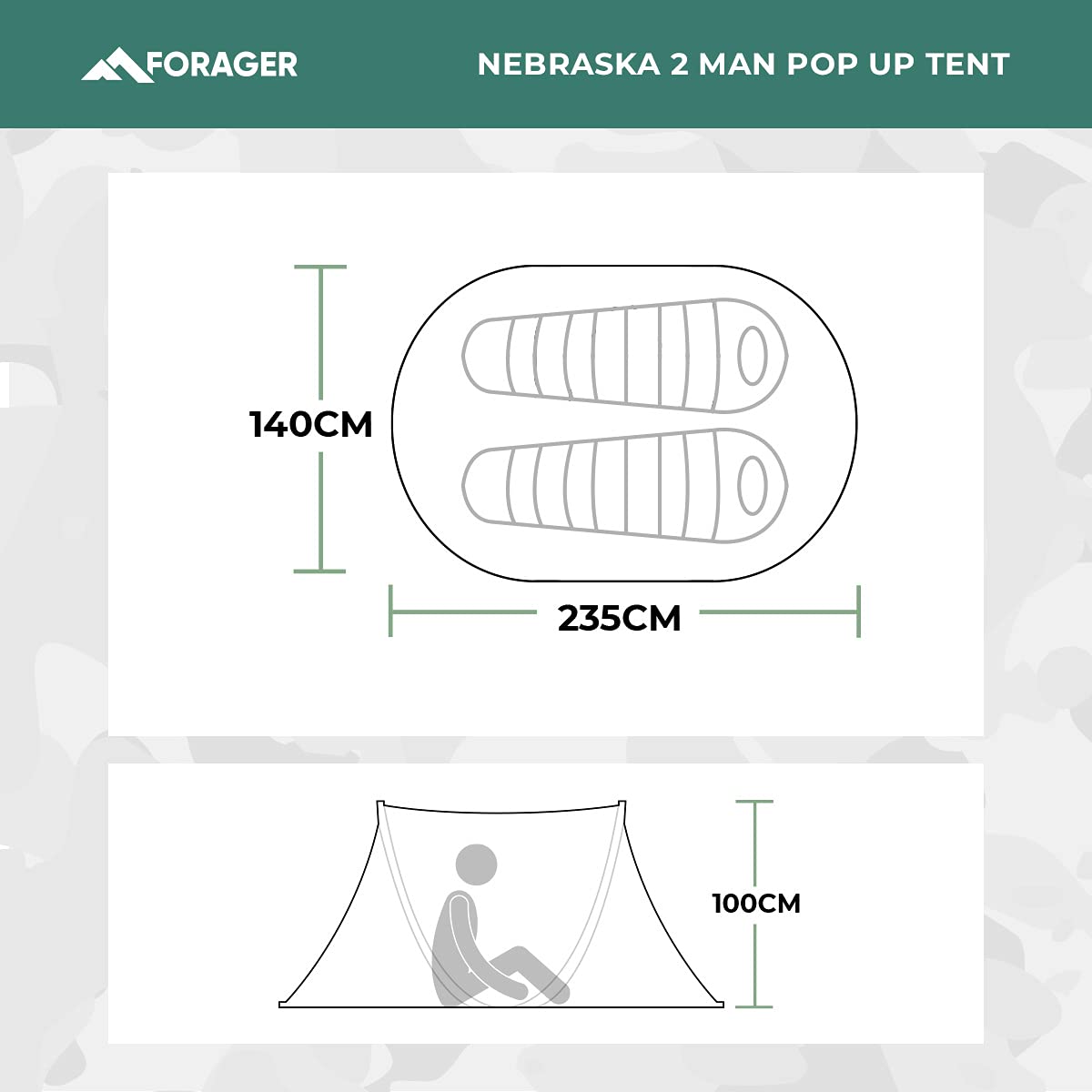 FORAGER Nebraska namiot samorozkładający się - 2-osobowy namiot kempingowy | idealny do użytku w ogrodzie, na festiwale, wędrówki z plecakiem i wakacje | przenośne namioty na kemping | wodoodporny i wytrzymały namiot