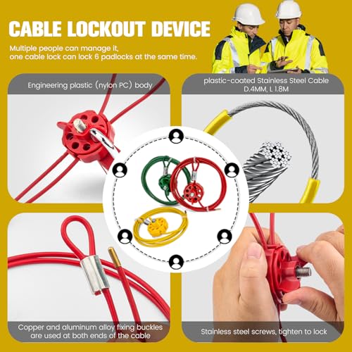 Image of Lockout Tagout Cable Lock | 0.16'' x 78'' Adjustable Loto Locks | PVC-Coated Steel Cable for Valves & Panels | OSHA Compliant | Yellow, 2Pack