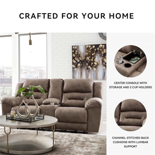 Image of Signature Design by Ashley Stoneland Faux Leather Manual Double Reclining Loveseat with Center Console, Light Brown