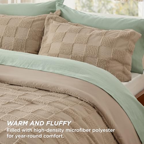 Image of Bedsure Full Size Comforter Set Khaki, Boho Tufted Bed Set, Checkered Farmhouse-Style Distressed Vintage Bedding, 3 Pieces, 1 Plaid Geometric Comforter and 2 Pillow Shams