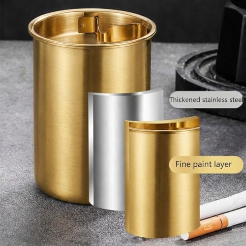 Image of NYRWANA Stainless Steel Windproof Ashtray with Lid | Rustproof, Easy-to-Clean Ash Holder for Smokers | Elegant Indoor Outdoor Ash Tray for Patio, Home, Office, Bar & Garden Use (Gold)