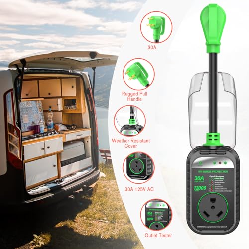 Image of GEARGO RV Surge Protectors 30 Amp RV Circuit Analyzer, [𝟐𝟎𝟐𝟔 𝐍𝐞𝐰 𝐔𝐩𝐠𝐫𝐚𝐝𝐞𝐝 & 𝐆𝐞𝐧𝟐] Full Protection, RV Adapter Plug for Camper(Green)