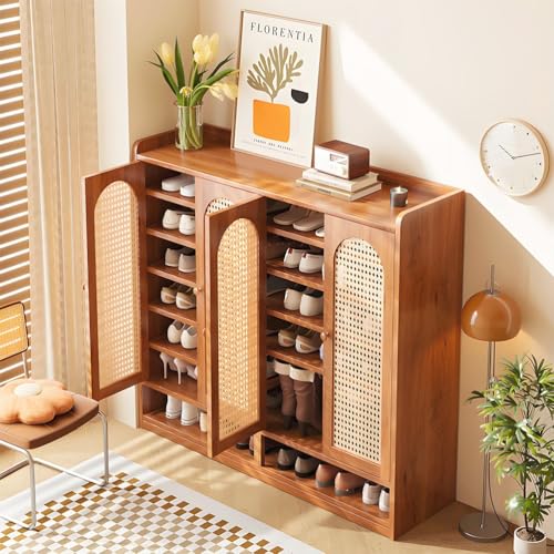 Gabinete De Zapatos De Ratán De Plástico, Zapatero con 4 Puertas, Armario para Zapatos Transpirable, Armario De Zapatos De Bambú De 8 Niveles Independiente