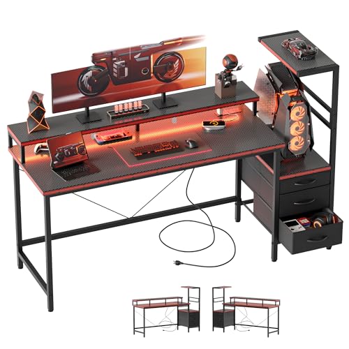Image of Mericonia 52 inch Gaming Desk with Drawers, Reversible Computer Desk, Black | Gamer Desk with LED Lights, Power Outlets & Monitor Stand, Large Office Table for Home Bedroom Study Work Writing