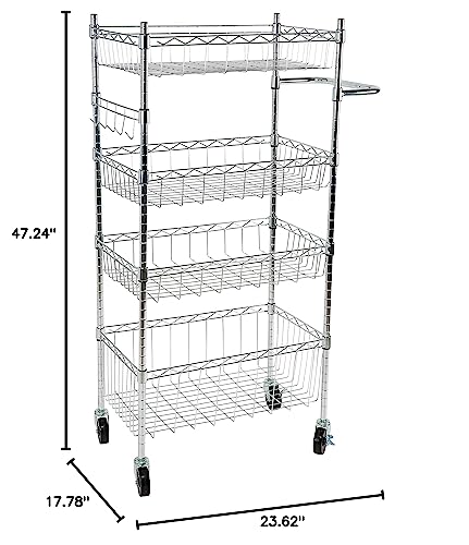 Organize It All 4 Tier Utility Cart With Rubber Casters | Dimensions: 23.62" X 17.78" X 47.2 | 4 Tier | Storage Cart | Good For Kitchen | Laundry Room | Office | Durable | Home Organization | Chrome #TOP7