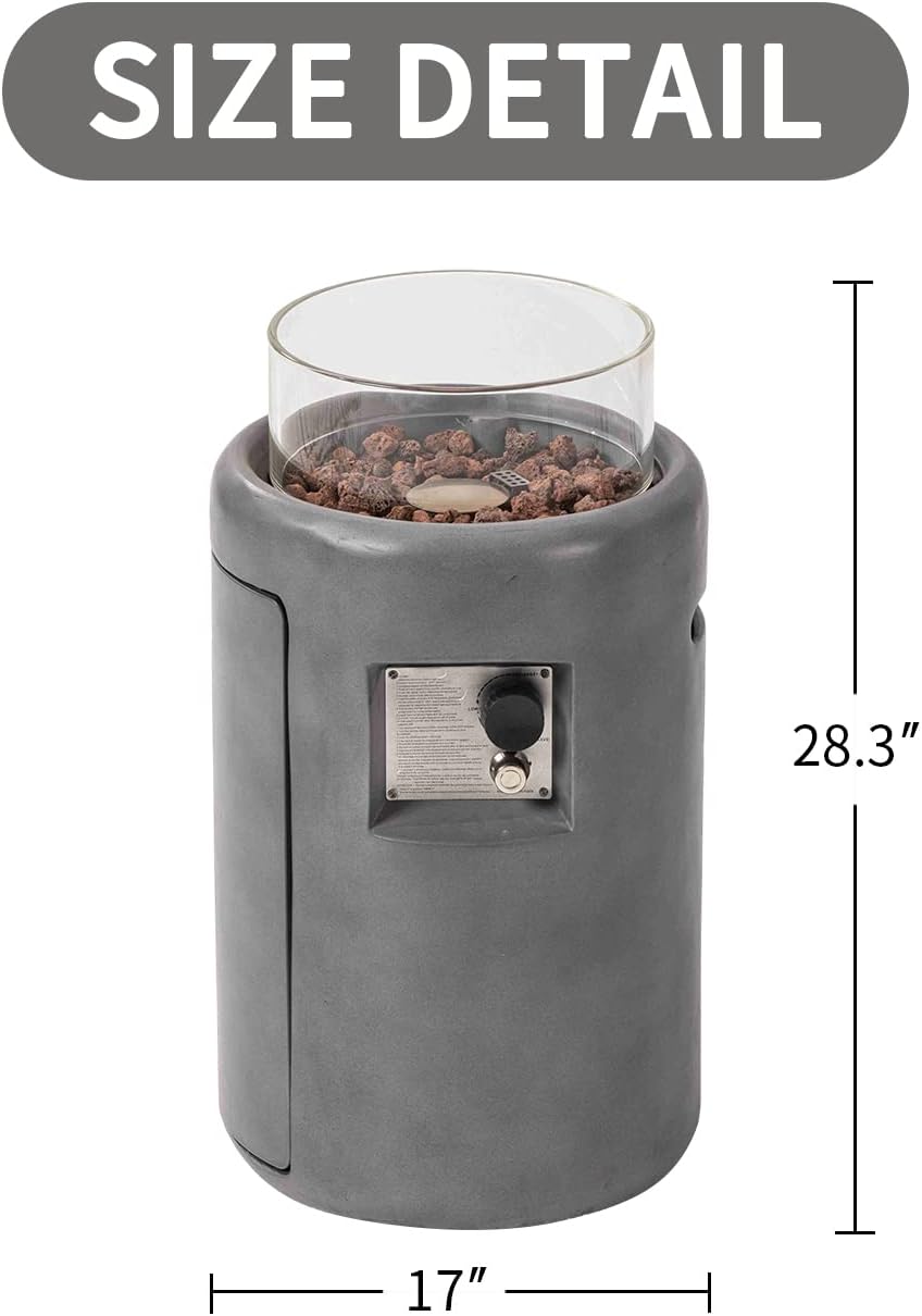 Stone-Like Fire Pit Table with Glass Wind Guard, Waterproof Cover - Outdoor Propane Fire Pit for Garden Lighting, 40000BTU's Small Column Firepit