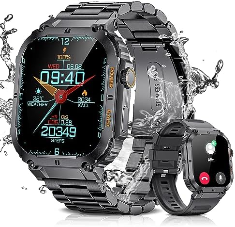 Military Smart Watches for Men with Bluetooth Call,2023 Newest 1.96’’ IP68 Waterproof Tactical Sport Fitness Tracker with Heart Rate, Sleep Monitor,Outdoor Smartwatch for iOS & Android（Black Steel）