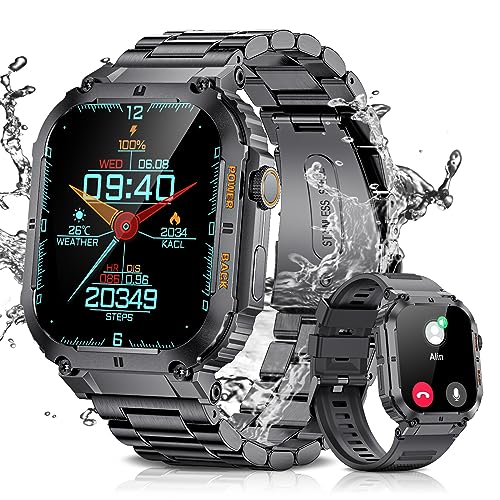 Military Smart Watches For Men With Bluetooth Call,2023 Newest 1.96’’ Ip68 Waterproof Tactical Sport Fitness Tracker With Heart Rate, Sleep Monitor,Outdoor Smartwatch For Ios & Android（Black Steel） #TOP2