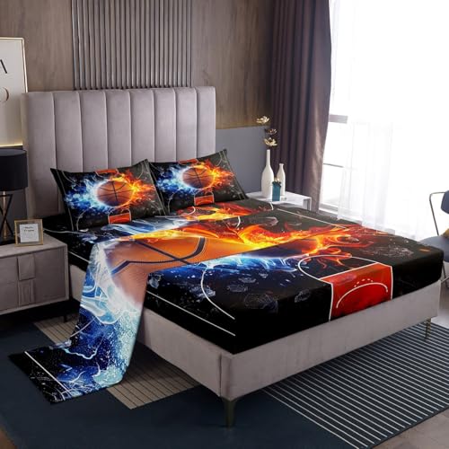 jejeloiu Basketball Bed Sheets Set Queen Size Kids Water-fire Ball Pattern Bedding Set for Boys Girls Sports Gaming Fitted Sheet Room Decor