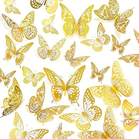 Josdiox 3D Butterfly Wall Decor Stickers 72 Pcs 4 Styles 3 Sizes, Gold Butterflies Decorations for Birthday Decorations Party Decorations Cake Decorations, Removable Stickers (Gold 72) Cover