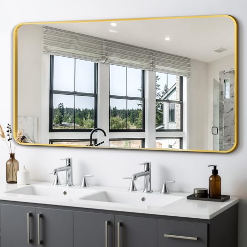Image of Delma Bathroom Vanity Mirror, Gold Framed Mirror for Over Sink, 50x30 | HD glass, distortion-free for makeup and grooming, Sturdy frame, all mounting hardware, hangs horizontal or vertical
