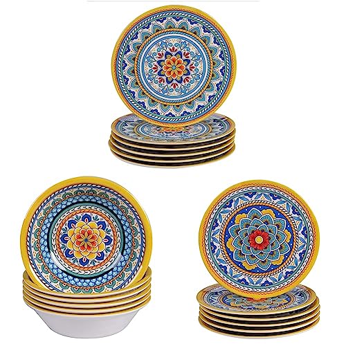 Certified International Portofino Melamine Dinnerware Set - 11" Dinner Plate, 7.5" All Purpose Bowl, 9" Salad/Dessert Plate, Set of 6 Each, Multi Colored