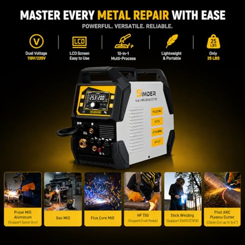 Image of SSimder 10-in-1 Welder Plasma Cutter Combo, Pulse MIG Aluminum Spool Gun | 200A Dual Voltage, HF TIG w /Pedal Port, Synergic Auto-Set, Auto Repair Farm DIY, Pilot Arc 50A Plasma Cut