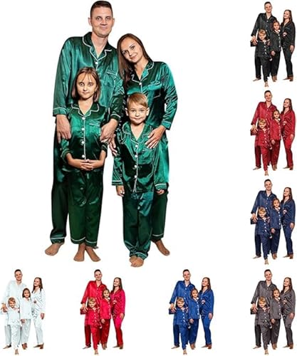 WWPPAION 2026 Christmas Pajamas for Family Silk Satin Button Down Sleepwear Long Sleeve Nightwear 2 Pcs Comfy Loungewear Set Dad Green