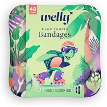 Welly Bandages | Adhesive Flexible Fabric Bravery Badges | Assorted Shapes for Minor Cuts, Scrapes, and Wounds | Colorful and Fun First Aid Tin | Turtle Oasis Patterns - 48 Count
