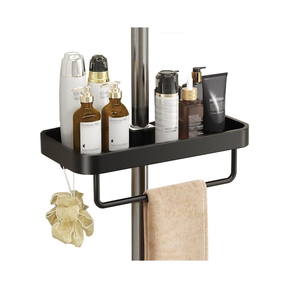Towel Rack Bathroom Shower Rack Organizer with Towel Bar and 2 Hooks, Adjustable Aluminum Hanging Shelf(Black)