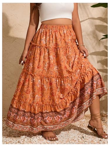 Verdusa Women's Plus Size Boho Floral Print Ruffle Skirt Elastic High Waist Loose Long Skirts3