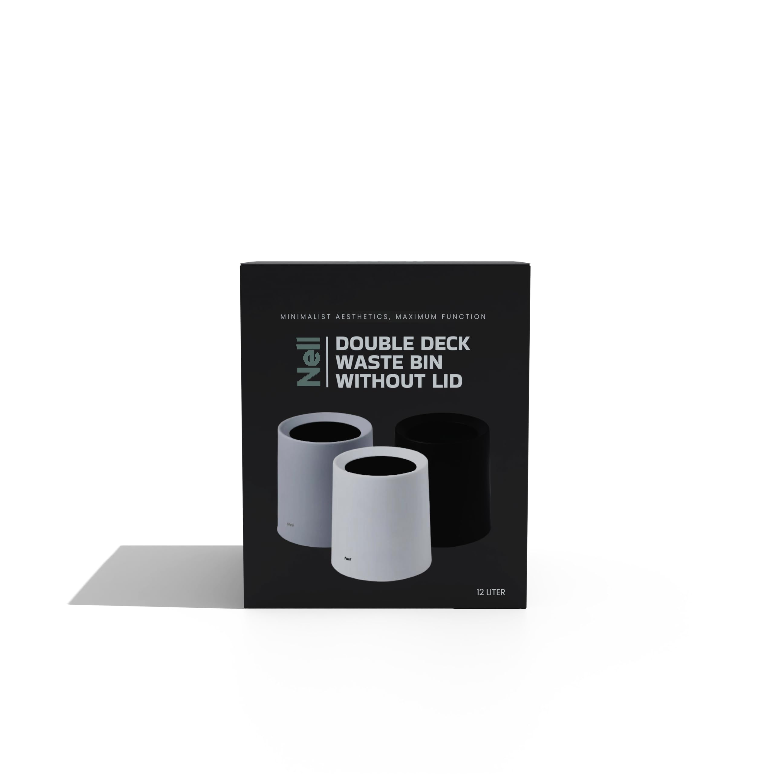 Nell Cubo de basura para oficina de 12 litros, color negro mate, ideal para oficina, cocina y salón, elegante y versátil, plástico duradero, elegante y práctico (negro, 12 l sin tapa)