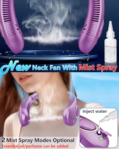 Image of Portable Misting Neck Fans with Water Spray, Rechargeable Long Battery Life, Powerful Air Cooler with LED Display, Personal Compact Wearable Necklace Fan for Kids Adults Elderly Hot Weather, Purple