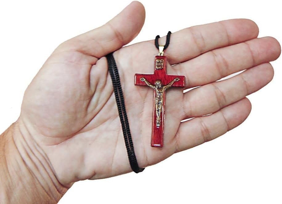 Catholica Shop Religious Wear Handcrafted Cherry Wood Corded Necklace Cross Pendant for Men and Women. Made in Brazil - 2.4 Inches - Image 2