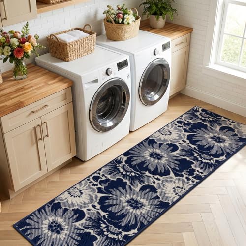 Findosom Hallway Runner Rug 2x6, Non Slip High-Low Textured Floral Washable Runner Rug with Rubber Backing, Boho Carpet Runner for Kitchen, Entryway, Bedroom, Laundry, Navy by Findosom - Used condition - Image 8