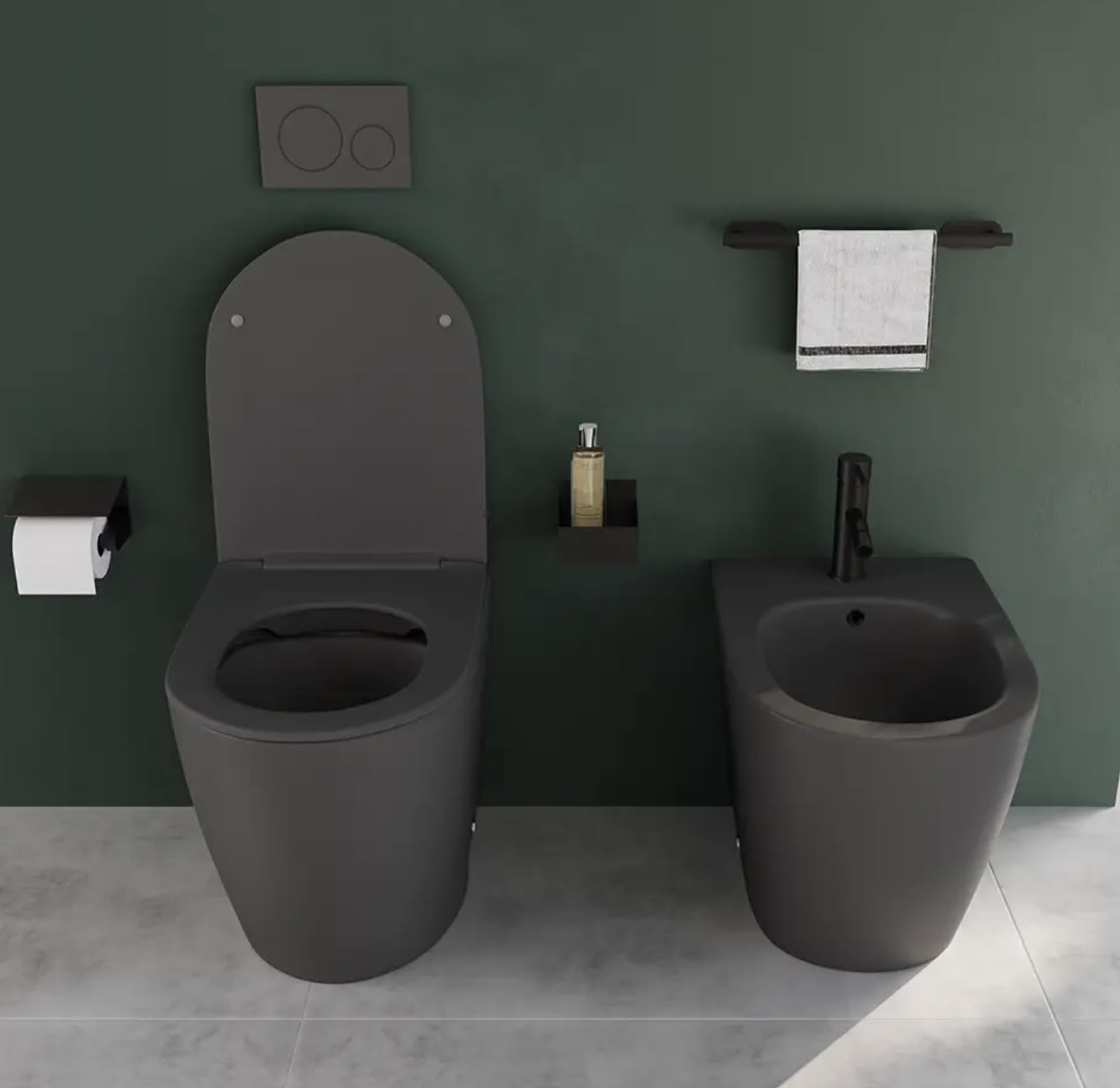 Coppia di sanitari filomuro ceramica grigio opaco vaso rimless copriwc soft-close e bidet ASIA SMALL