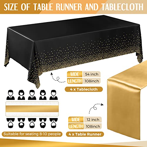 Image of Breling 8 Pack New Year Black and Gold Disposable Plastic Tablecloths and Satin Table Runner Set, 54 x 108 Inch Tablecloth, 12 x 108 Inch Table Runners for Wedding Graduation Birthday Baby Shower