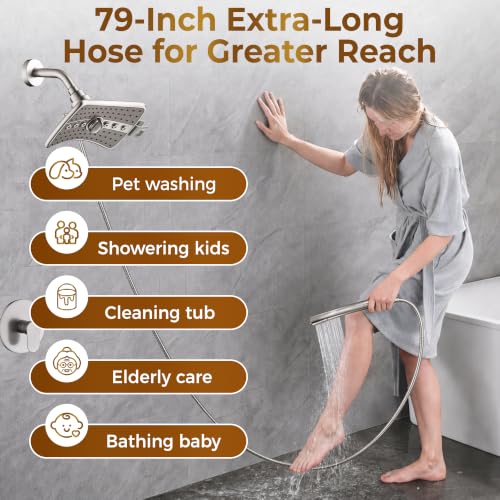 Image of BRIGHT SHOWERS Dual Shower Head System with Handheld and Rainfall Shower, Shower Faucet Set with Valve and Trim Kit, Includes 79-Inch Stainless Steel Hose, Brushed Nickel