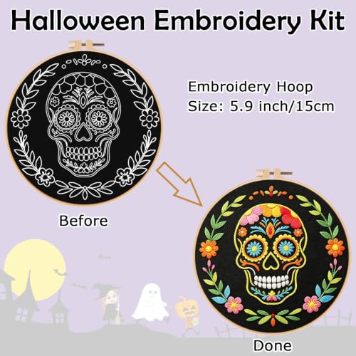 Image of Nuberlic Sugar Skull Embroidery Kit for Beginners Adults Stamped Needlework