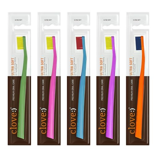 Image of Clove Ultra Soft Manual Toothbrush, Pack of 5, Perfected for Sensitive Teeth & Gums,4160 Ultra Soft Dupont Filaments, Diamond Shaped Small Head,7X Denser Bristles, Better Reach Gentle Cleaning, Vibrant & Assorted Colours , Suitable For 6+ Years
