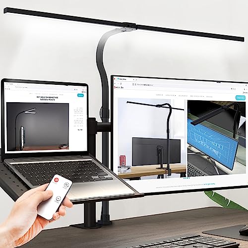 LED Desk Lamp with Clamp, Double Head Architect Desk Lamps, Desk Lamp for Home Office, Gooseneck Desk Light, 5 Color Modes and 5 Brightness for Monitor Studio Gaming (24W, Square Lamp Head)