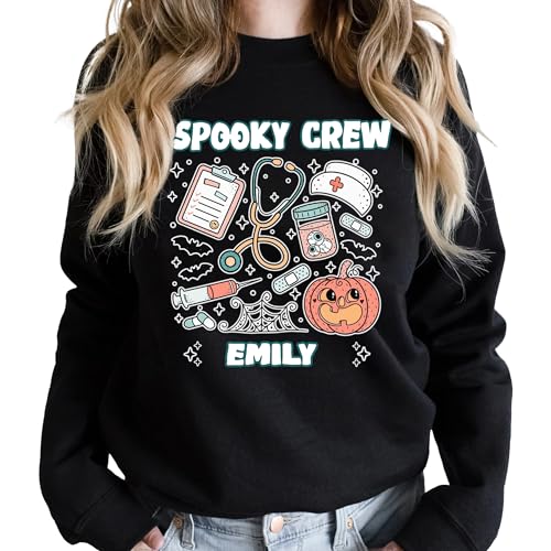 Custom Halloween Nurse Sweatshirt, Personalized Spooky Medical Top with Name and Title, Funny Ghost Pumpkin Design, Gift for Nurses, Nurse Appreciation