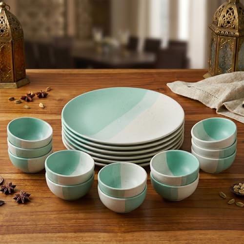 Image of The Earth Store TT Green Matte Ceramic Dinner Set, 18 Pieces with 6 Dinner Plates & 12 Vegetable Bowls | Microwave & Dishwasher Safe | Dinner Set for Dining Table