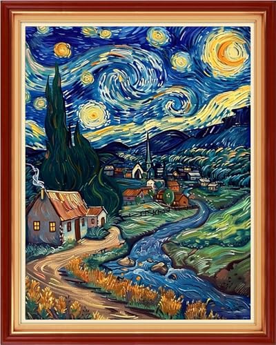 Image of Magxvouy Cross Stitch Kits Stamped Full Range of Embroidery Kits,Cross Stitch Patterns Needlework Kits for Beginners 11CT Printed Kits&Starry Night 16x20 inch