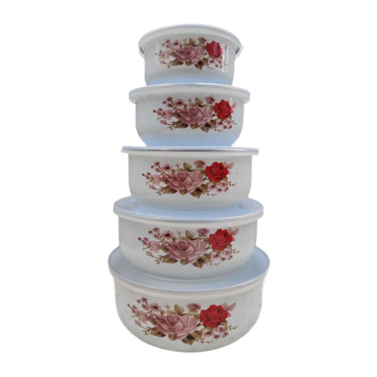 Set di 5 Ciotole Smaltate con Coperchio per La Preparazione E La Conservazione degli Alimenti, Style a