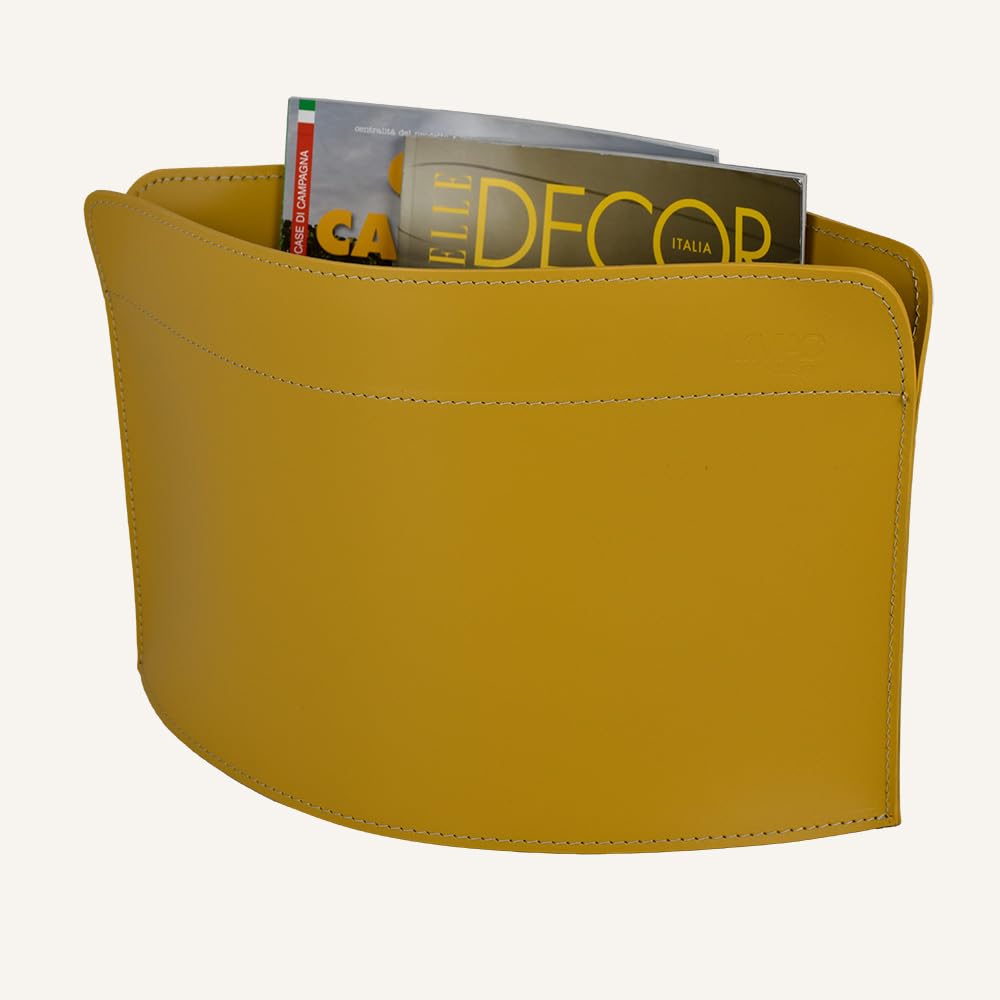 Design GIUSY Zeitungsständer modern aus Leder, Zeitschriftensammler, Originaler Zeitungskorb, Bücherkorb, für Zuhause, Büro, Hotel, Hergestellt in Italien. (Gelb)