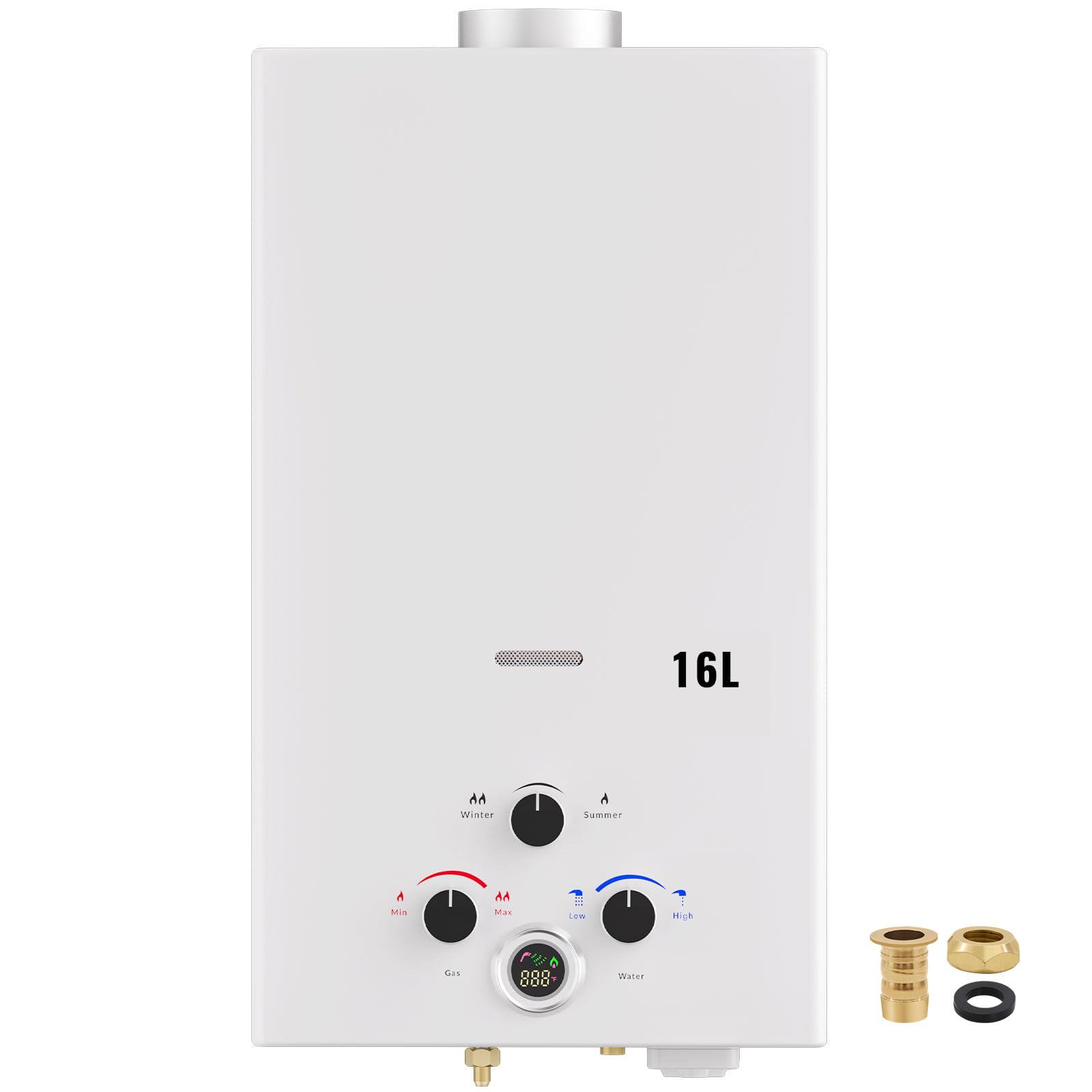 Scaldabagno a Gas 16L, All'aperto Portatile Scaldabagno Istantaneo a Propano con Display Digitale Multi-Protezione, Parete senza Serbatoio Scaldacqua Istantaneo Automatico, bianco