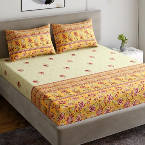 Image of Home Ecstasy 100% Cotton Double Bedsheet with 2 Pillow Covers - (Size 87 x 92 inches, TC, Colour - Yellow)