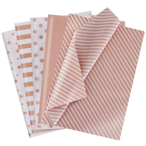 BEISHIDA 100 Sheets Rose Gold and White Tissue Paper Bulk Rose Gold Dots Twill Stripes Print Wrapping Tissue Paper for Gift Bags 14 x 20 Inch Gift Wrap for Birthday Wedding Christmas DIY Crafts