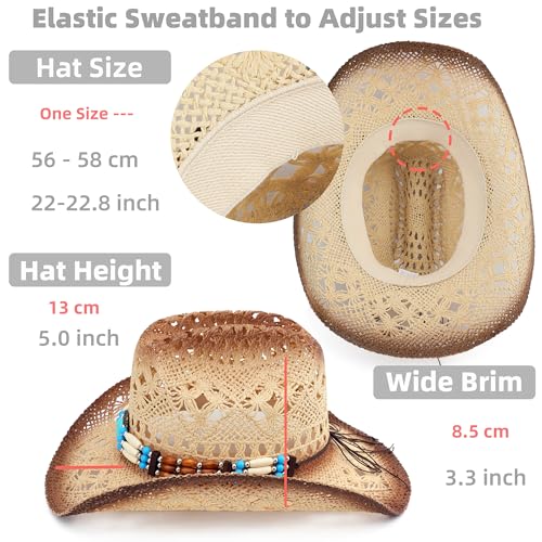 Image of Straw Cowboy Hat, Western Cowgirl Hat, Wide Brim Sun Beach Hat for Men and Women